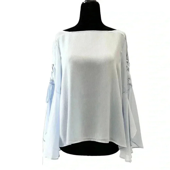 Topshop Eyelet Lace Up Fluted Sleeves Sheer Blouse Top Light Blue Size Small - Picture 4 of 16